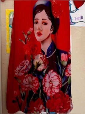 Red Floral Portrait Dress with Painterly Print